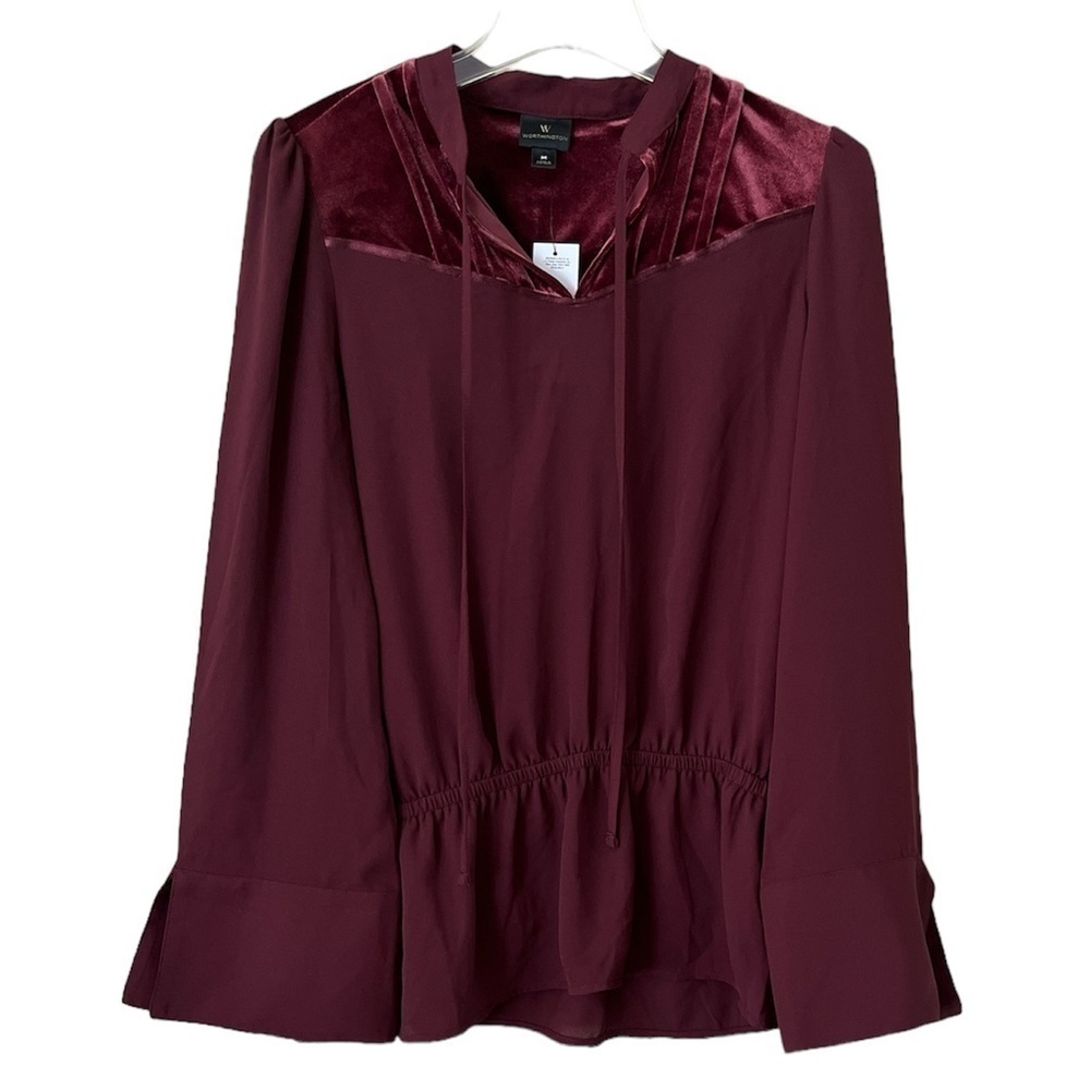 NWT Worthington Blouse Red Velvet Long Bell Sleeves Elastic Waist Size Medium - Picture 1 of 16